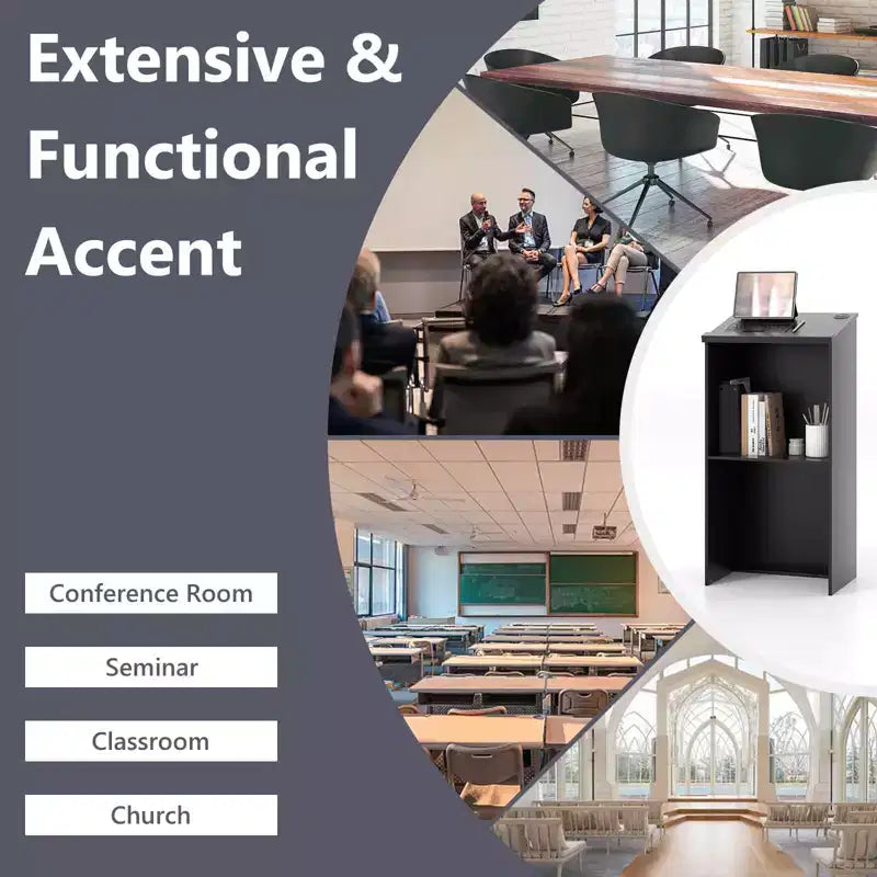 Wooden Floor Standing Podium with Adjustable Shelf, Pen Tray & Cable Holes