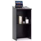 Costway Wooden Floor Standing Podium Speaking Lectern w/ Adjustable Shelf & Pen Tray & Cable Holes Brown/Black