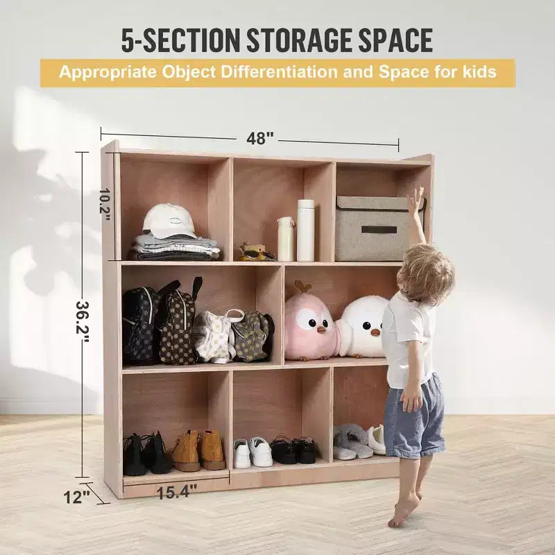 8-Compartment Solid Wood Kids Storage Cabinet with Casters and Storage Boxes